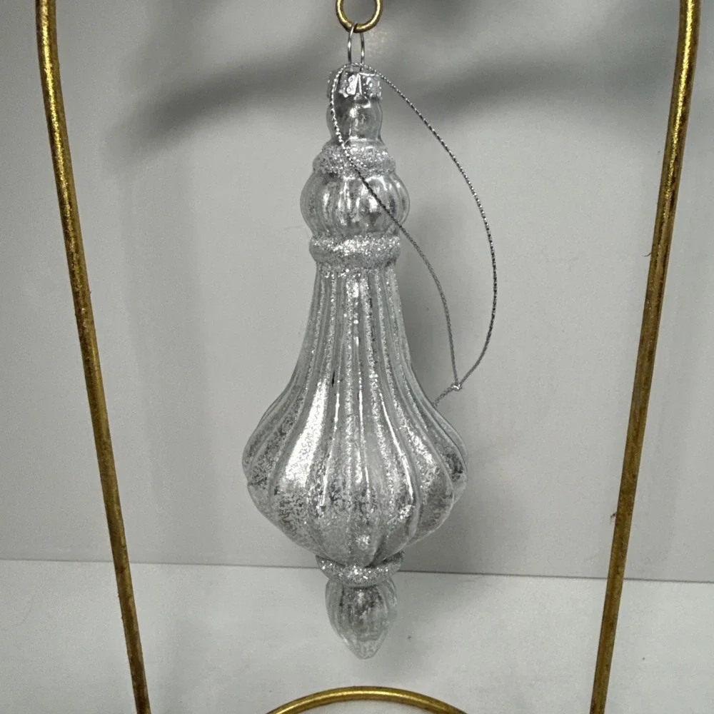 Set (2)‎ Silver and glittered mercury glass blown finial shaped ornaments 6 in